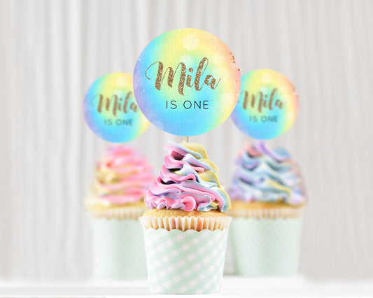 Editable Rainbow Cupcake Toppers Pastel Cupcake Toppers Colorful Pastel Wate