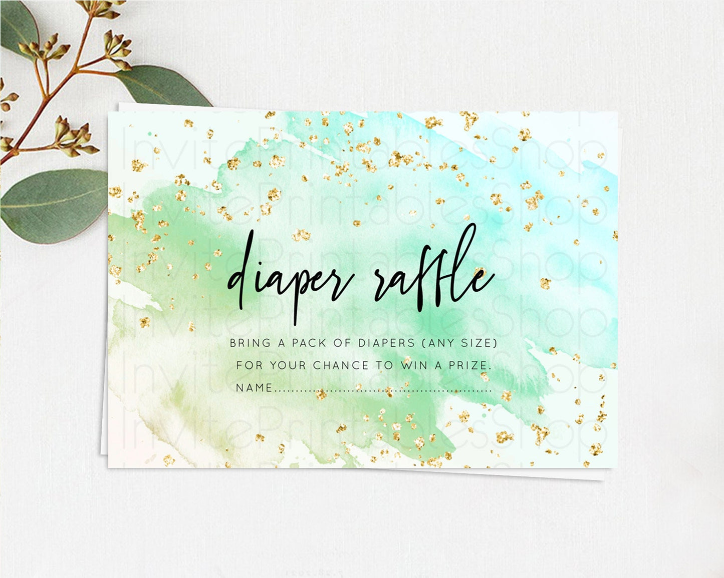Green Diaper Raffle Card Green Watercolor Diaper Raffle Insert Pastel Green Baby Shower Diaper Ticket Splash Green Raffle Game D10170