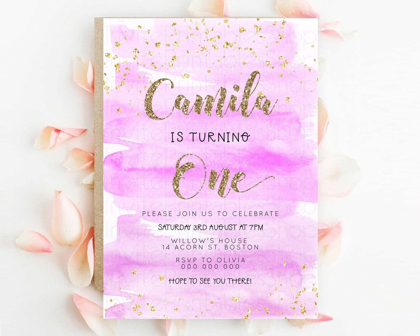 Pink Birthday Invitation pink Watercolor Invitation Pastel pink Watercolor Invitation pink Splash Gold Invitation 1st First Birthday D23279