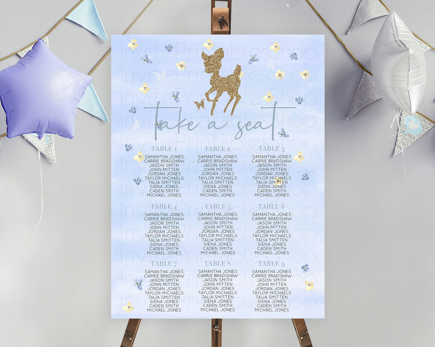 Fawn Seating Chart Deer Seating Chart Enchanted Forest Party Butterfly Pastel Flowers Whimsical Seating Chart Woodland Seating Sign D10863