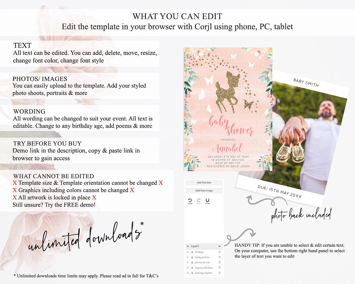 Fawn Baby Shower Invitation, Enchanted Forest, Deer, Whimsical Butterfly, Pastel Flowers, Orange Watercolor, Glitter, Magical Accents D10873