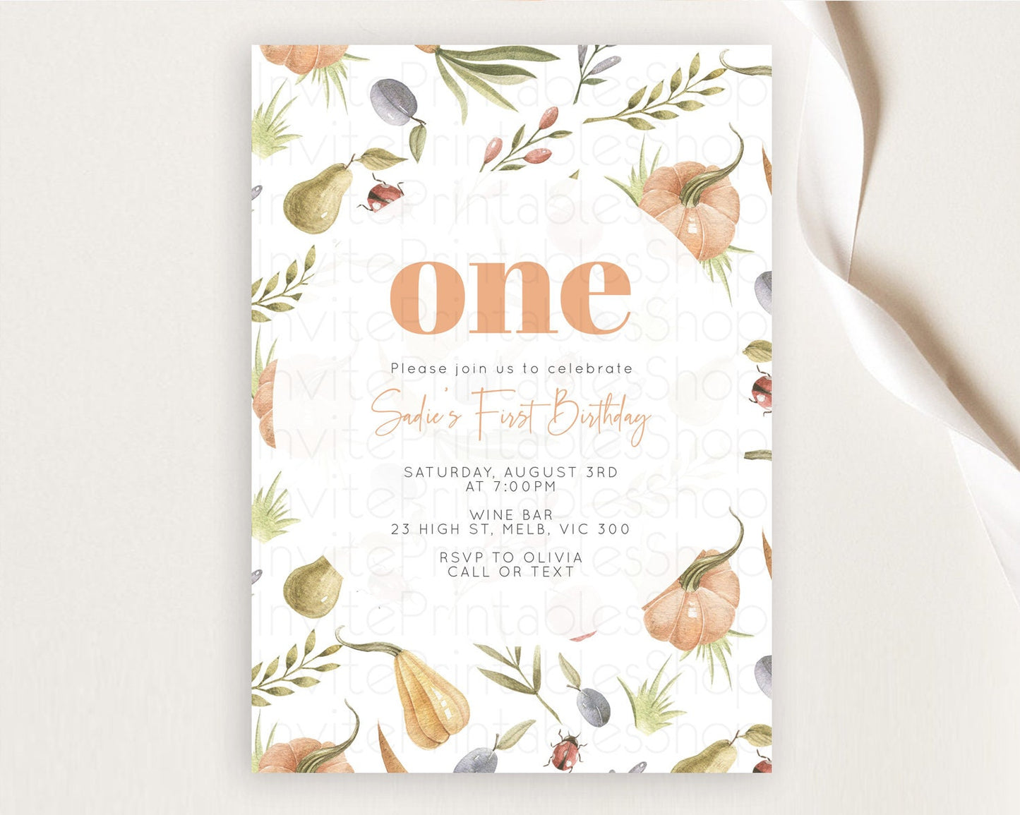 Pumpkin Invitation Pear Invitation Ladybug Invitation Plum Invitation Ladybug Invitation Watercolor Invitation 2nd First Birthday D10543