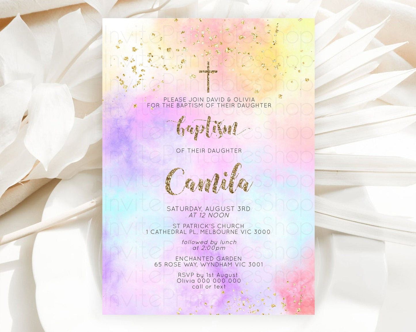 Pastel Baptism Invitation Pastel Colors Watercolor Baptism 1st Birthday Party Gold Ombre Pastel Rainbow Christening Holy Communion D10435