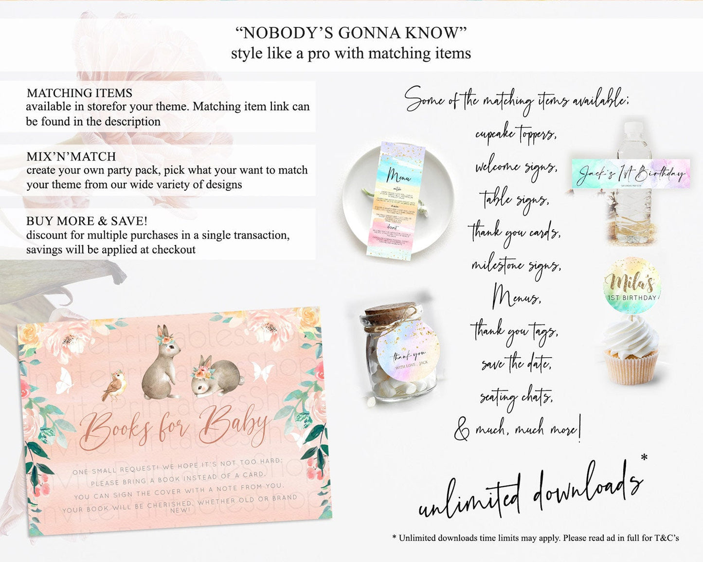 Bunny Books For Baby Card Floral Bunny Book Insert Pastel Flowers Woodland Bunny Book Card Forest Bunny Baby Book Poem Request D10922
