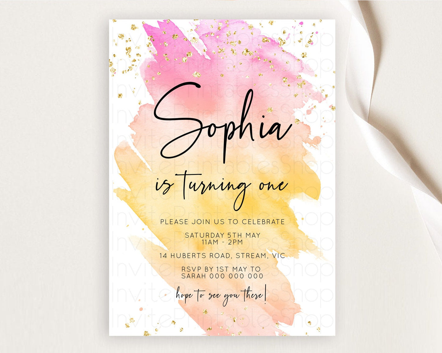 Rainbow Birthday Invitation Colorful Pastel Watercolor Invitation Gold Glitter Sprinkles Ombre Pastel 1st 2nd 3rd Birthday D10527