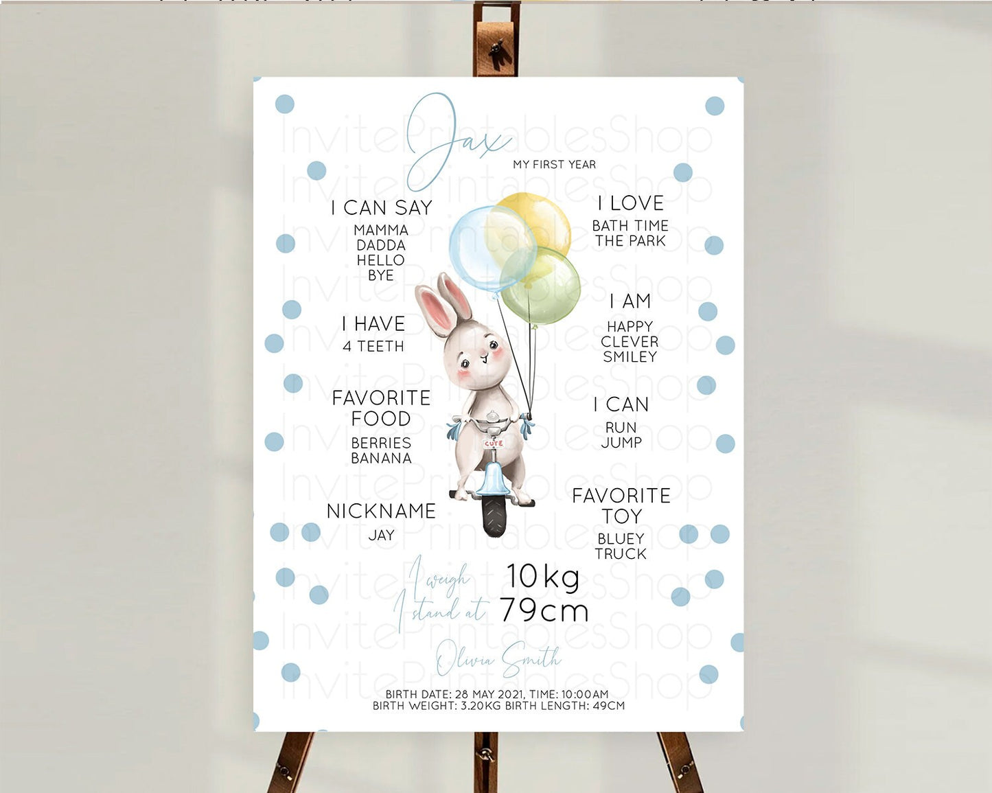 Bunny First Birthday Milestone Board Bunny Balloon Milestone Poster Colorful Pastel Confetti Bunny First Birthday Welcome Sign D10783