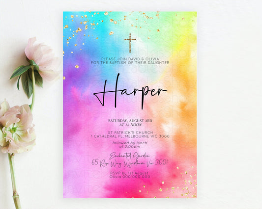 Editable Tie Dye Baptism Invitation Rainbow Baptism 1st Birthday Invitation