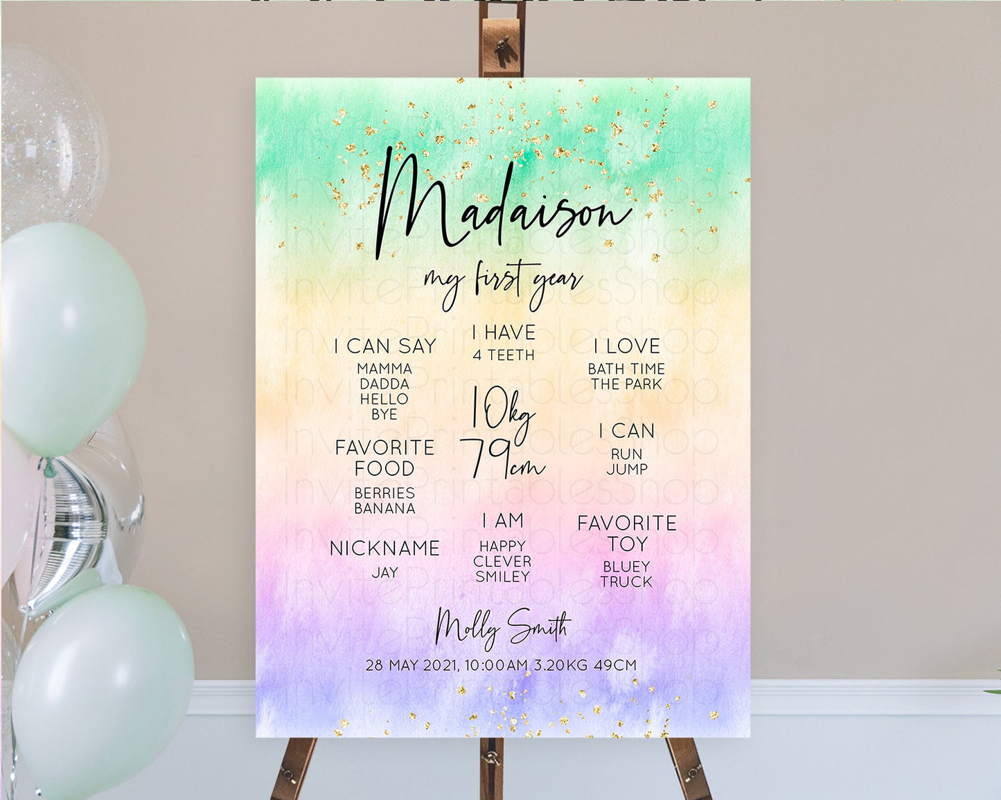 Pastel First Birthday Milestone Board Pastel Rainbow Milestone Poster Colorful Confetti Watercolor Glitter 1st Birthday Welcome Sign D10485