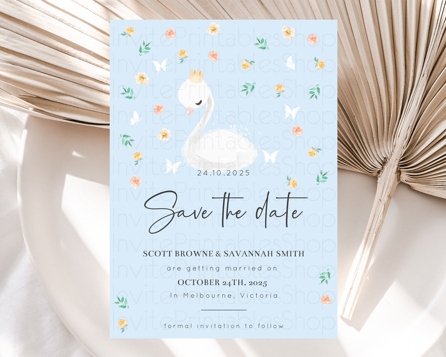 Swan Save The Date Template Swan Princess Ballet Party Enchanted Swan Lake Secret Garden Pastel Floral Birthday Baptism Baby Shower  D10903