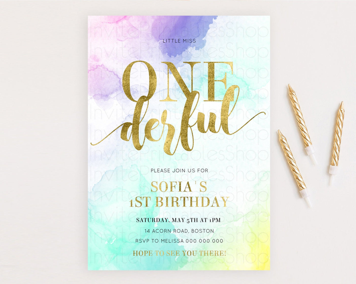 ONEderful Rainbow Birthday Invitation Colorful Pastel Watercolor Invitation Gold Glitter Sprinkles Ombre Pastel 1st Birthday D11024