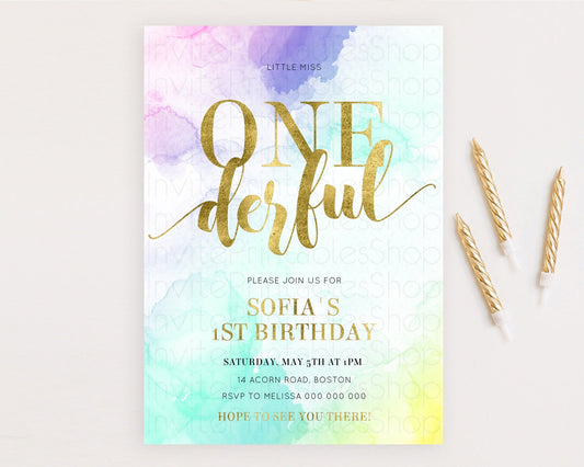 ONEderful Rainbow Birthday Invitation Colorful Pastel Watercolor Invitation Gold Glitter Sprinkles Ombre Pastel 1st Birthday D11024