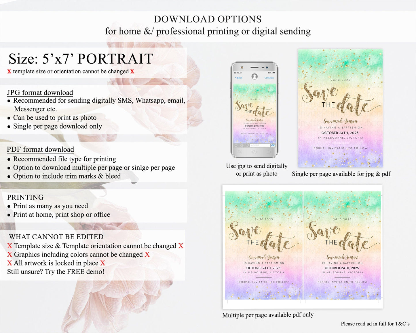 Pastel Save The Date Template Pastel Ombre Rainbow Watercolor Colorful Party For Birthday Baptism Baby Shower Wedding Bridal Shower D10478