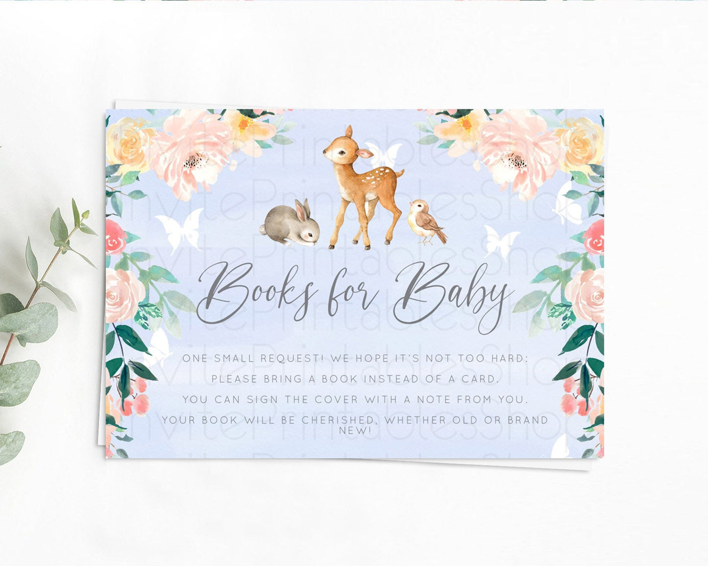 Fawn Books For Baby Card Deer Book Insert Floral Deer Book Card Enchanted Forest Butterfly Pastel Baby Shower Book Poem Request D10920