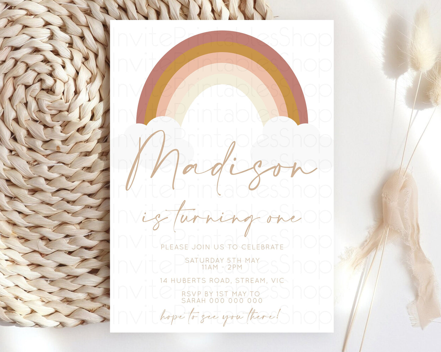 Boho Rainbow Birthday Invitation Pastel Invitation Heart Rainbow Invite Watercolor Orange Brown Earthy Clouds 1st 2nd 3rd Birthday 190