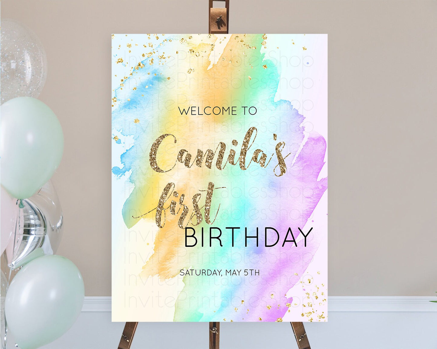 Pastel Welcome Sign Pastel Rainbow Welcome Sign Colorful Rainbow Confetti Watercolor Glitter Pastel First Birthday Welcome Sign D10426