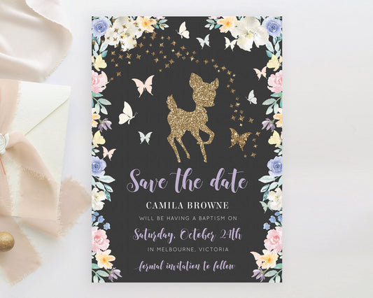 Fawn Deer Save The Date Template Pastel Floral Deer Enchanted Forest Butterfly Party 1st Birthday Baptism Baby Shower Bridal Shower D10880