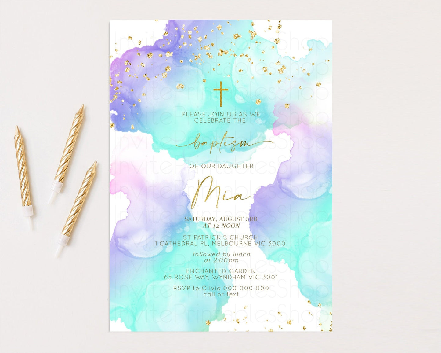 Blue Purple Baptism invitation Pastel Rainbow Christening Invite Ombre Clouds Watercolor Invite Glitter Gold Cross Religious Invite 191