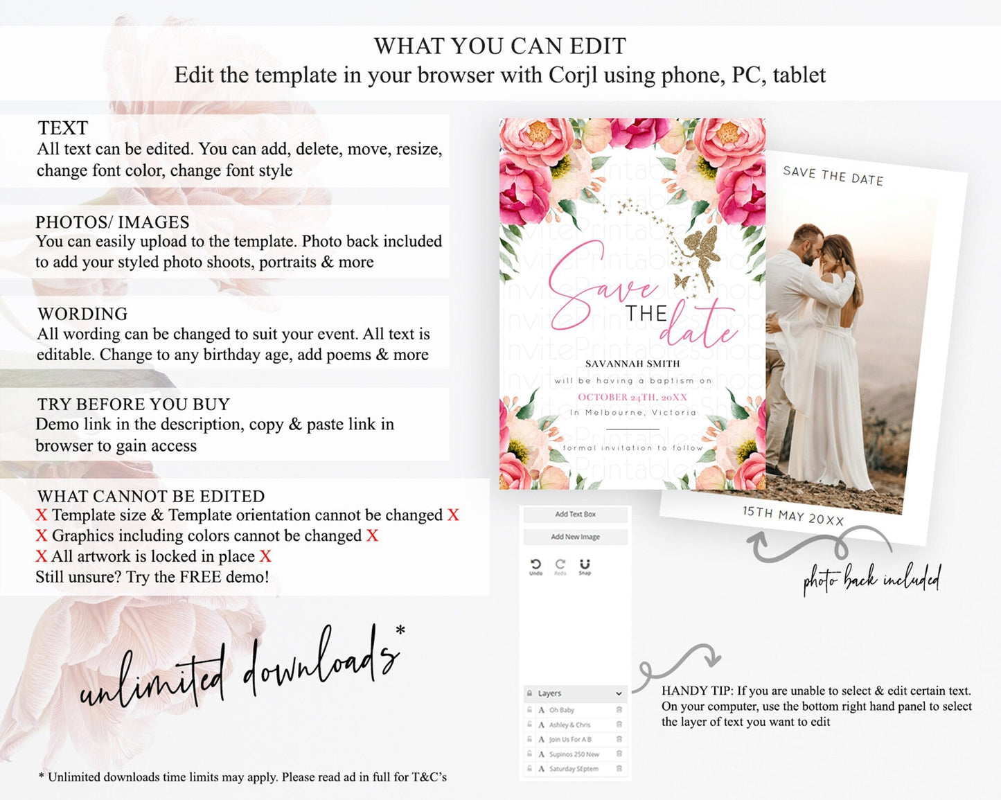 Fairy Save The Date Template Enchanted Garden Pastel Floral Butterfly Party Secret Garden Birthday Baptism Baby Shower Bridal Shower D10883