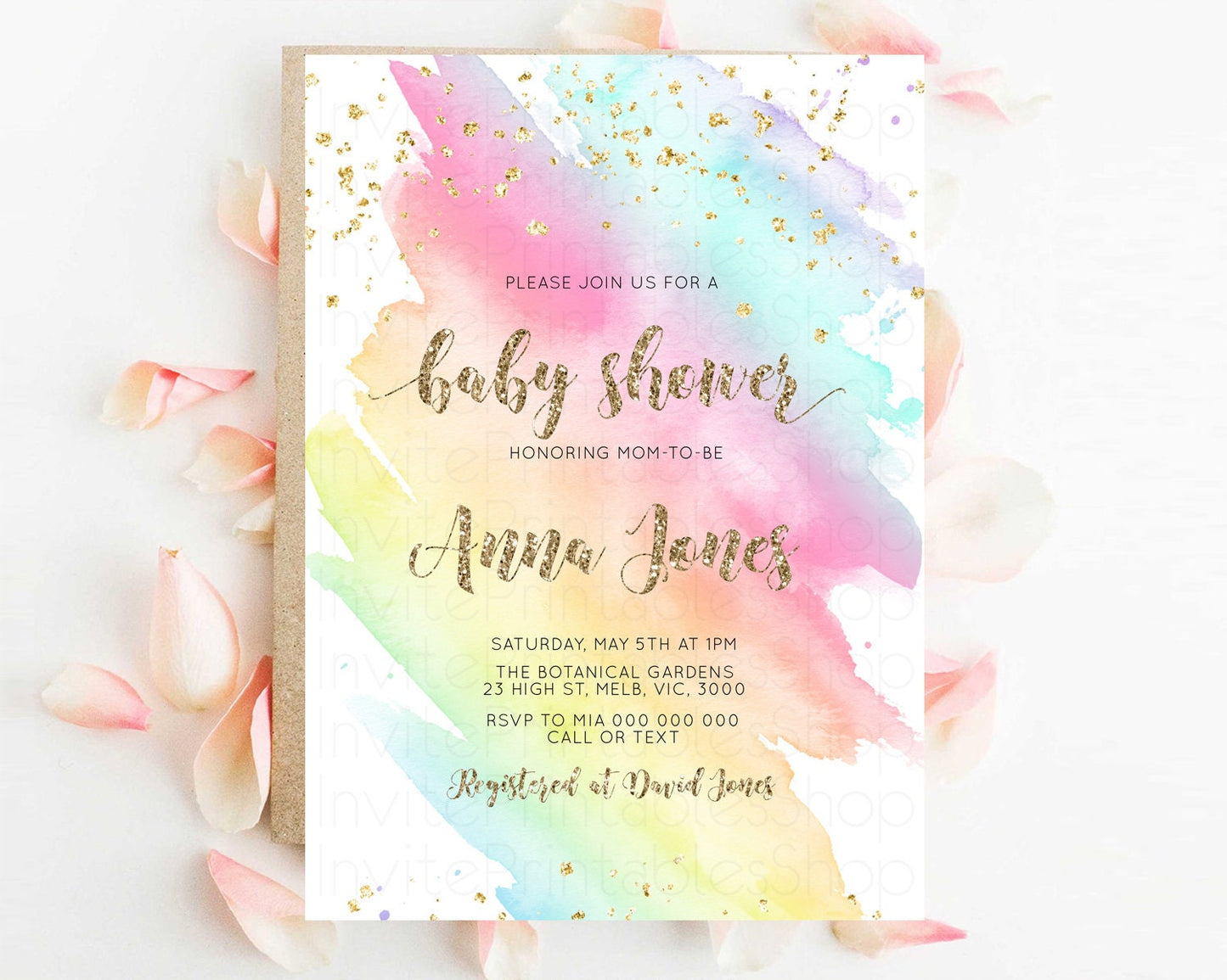 Rainbow Baby Shower Invitation Pastel Ombre Baby Sower Invite Colorful Splash Invite Sprinkles Confetti Watercolor Baby Shower Invite D10495