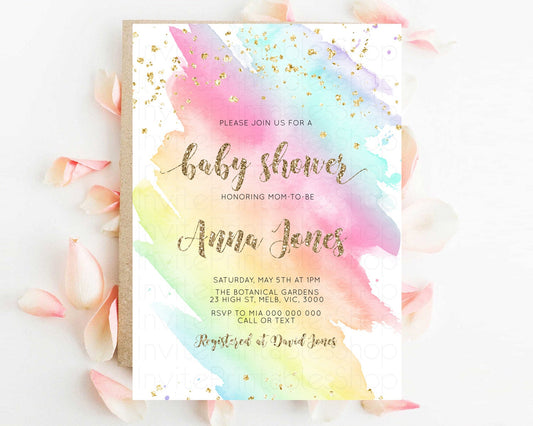 Rainbow Baby Shower Invitation Pastel Ombre Baby Sower Invite Colorful Splash Invite Sprinkles Confetti Watercolor Baby Shower Invite D10495