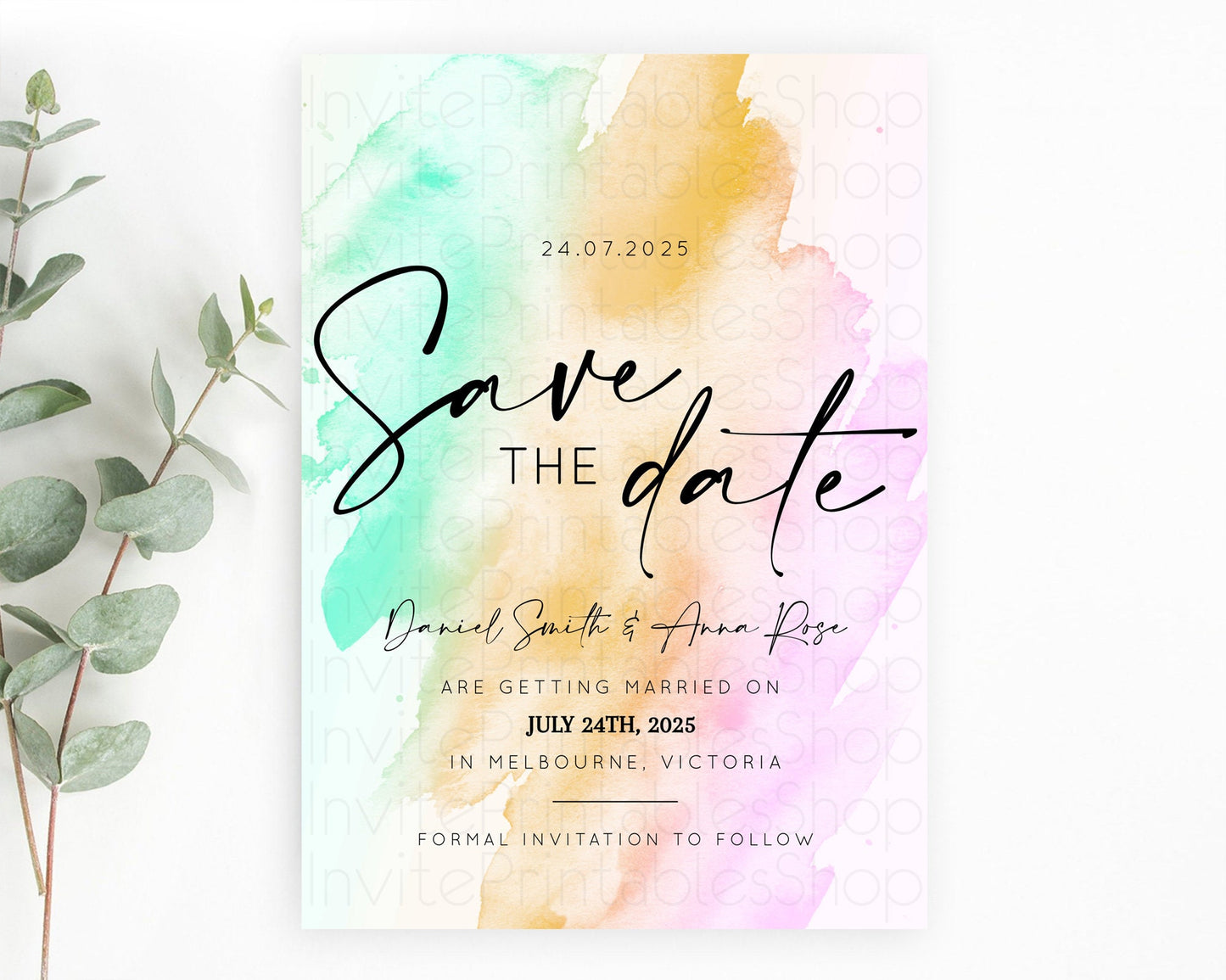 Pastel Save The Date Template Pastel Ombre Rainbow Watercolor Colorful Party For Birthday Baptism Baby Shower Wedding Bridal Shower D10962