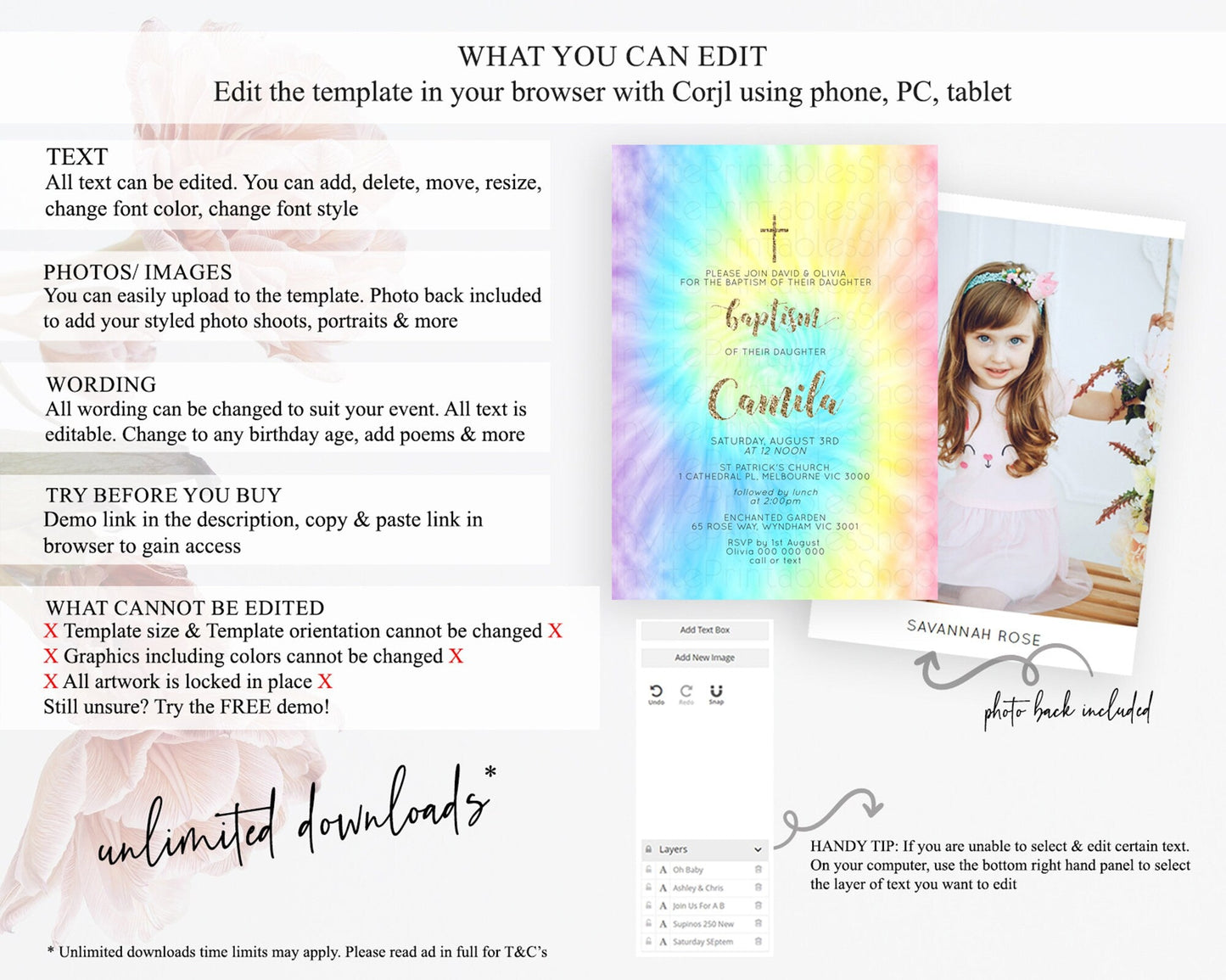 Tie Dye Baptism Invitation Rainbow Baptism 1st Birthday Invitation Pastel Ombre Colorful Christening Invitation Holy Communion D10580