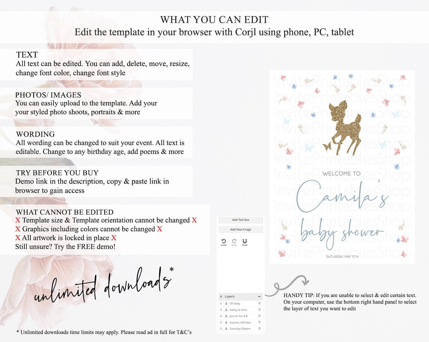 Fawn Baby Shower Welcome Sign Deer Welcome Board Floral Deer Welcome Poster Enchanted Forest Butterfly Pastel Floral Welcome Sign D10359