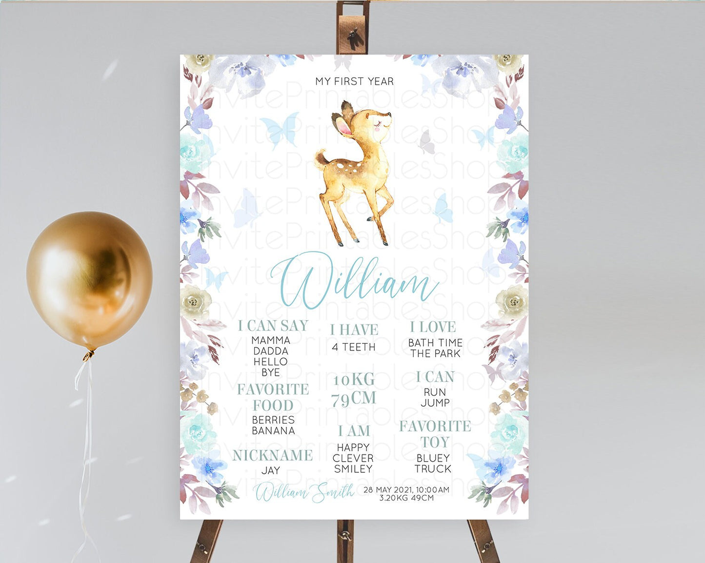 Fawn First Birthday Milestone Board Deer First Birthday Milestone Poster Enchanted Forest Butterfly Pastel Flowers 1st Birthday Sign D10960