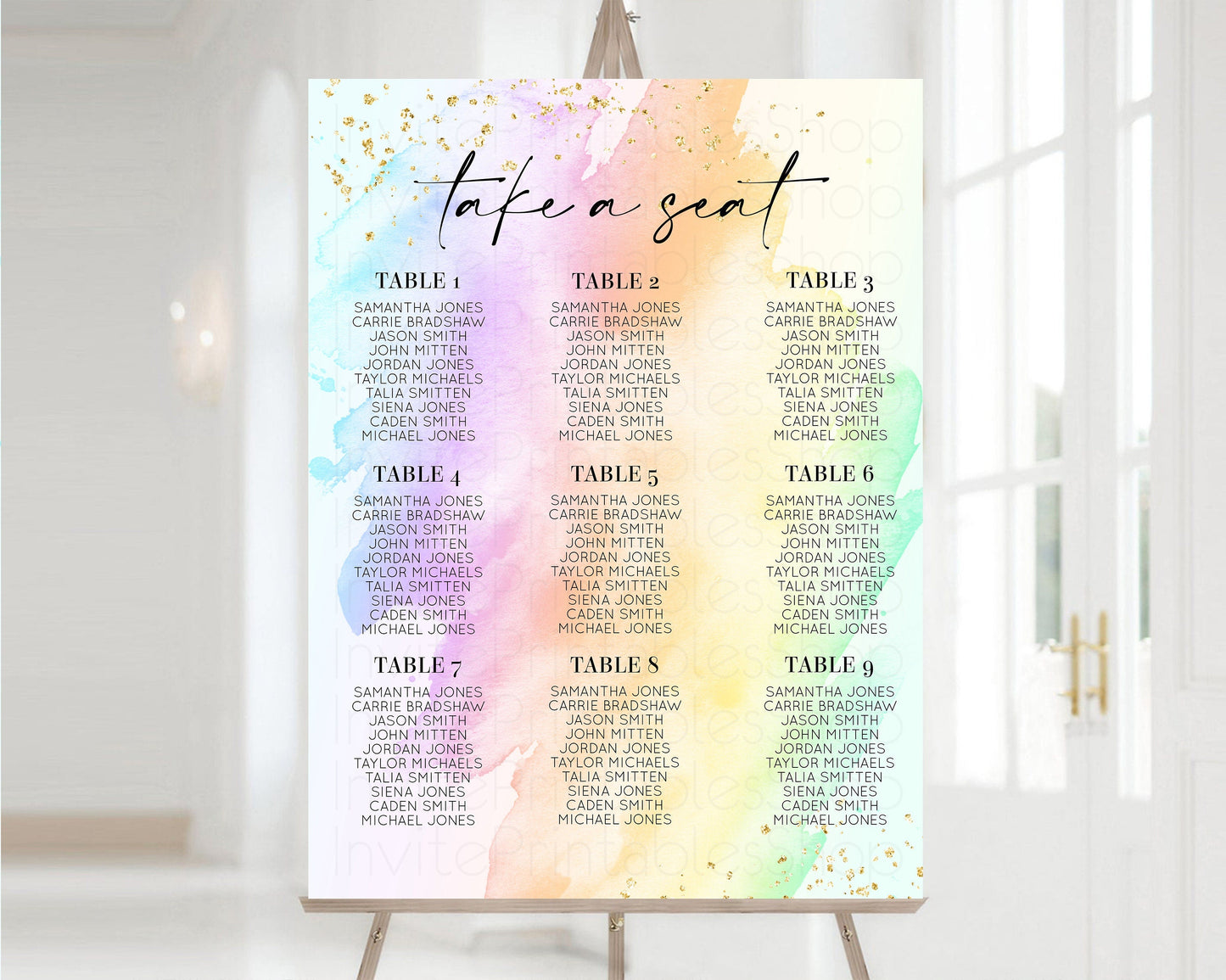 Rainbow Seating Chart Pastel Clouds Seating Sign Gold Sprinkles Seating Poster Ombre Pastel Colors Wedding Christening Birthday Baptism t602
