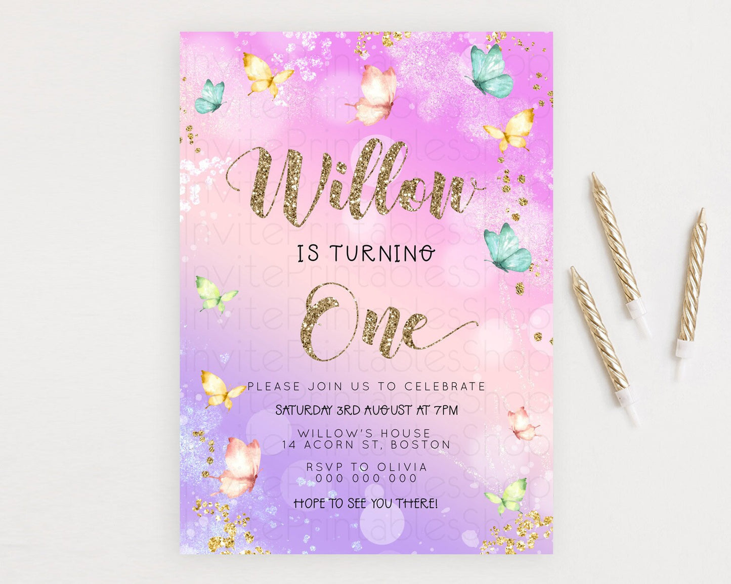 Pastel Butterfly Birthday Invitation Butterfly Birthday Invitation Colorful Splash Glitter Butterfly Garden 1st 2nd Birthday D23092