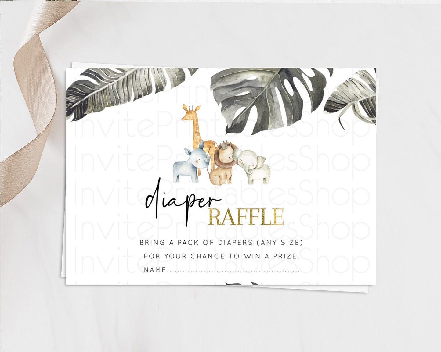 Safari Diaper Raffle Card Safari Diaper Raffle Insert Lion Gorilla Elephant Rhino Diaper Ticket Tropical Palm Zoo Raffle Game D10599