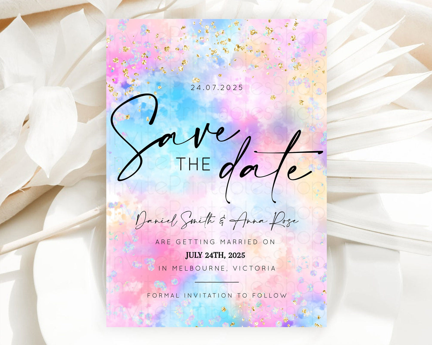 Pastel Save The Date Template Pastel Ombre Rainbow Watercolor Colorful Party For Birthday Baptism Baby Shower Wedding Bridal Shower D10607