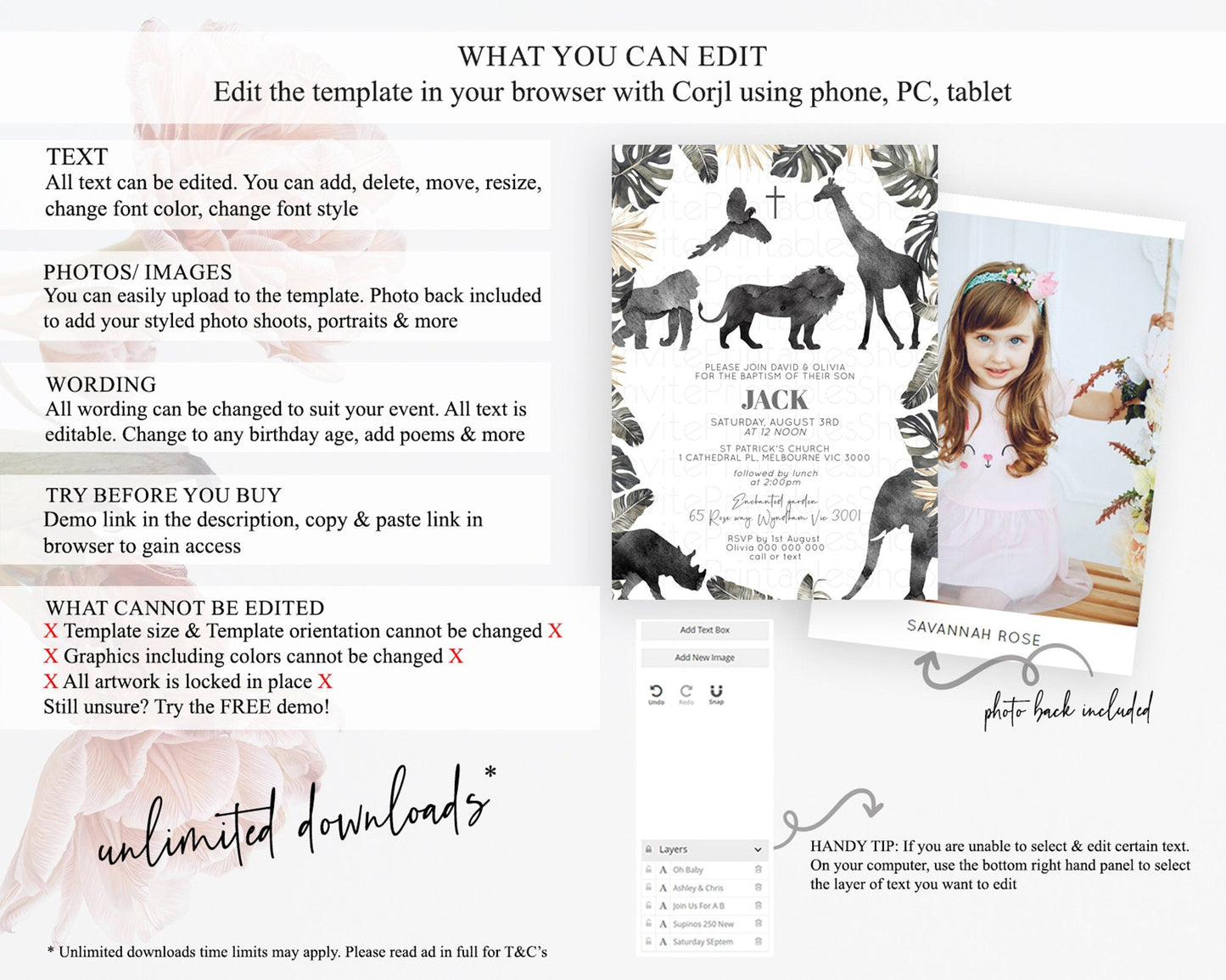Safari Baptism Invitation Safari Adventure Baptism Birthday Invitation Lion Gorilla Elephant Rhino Tropical Palm Jungle Adventure D10865