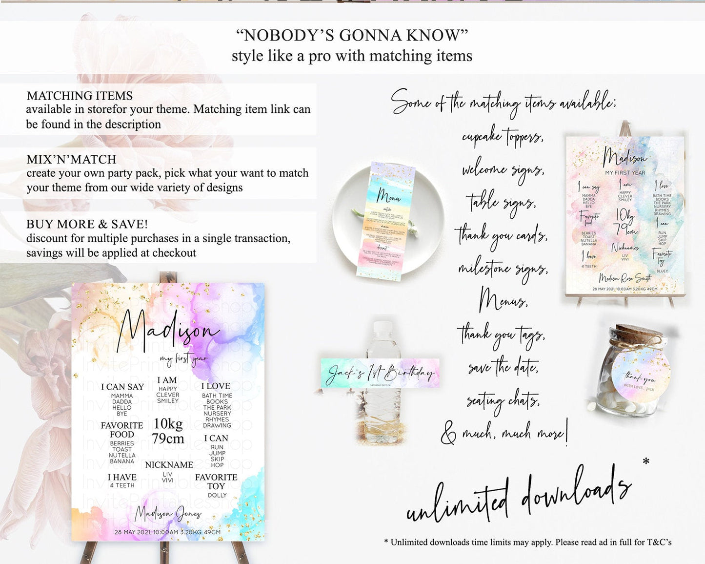 Pastel First Birthday Milestone Board Pastel Rainbow Milestone Poster Colorful Confetti Watercolor Glitter 1st Birthday Welcome Sign D10180