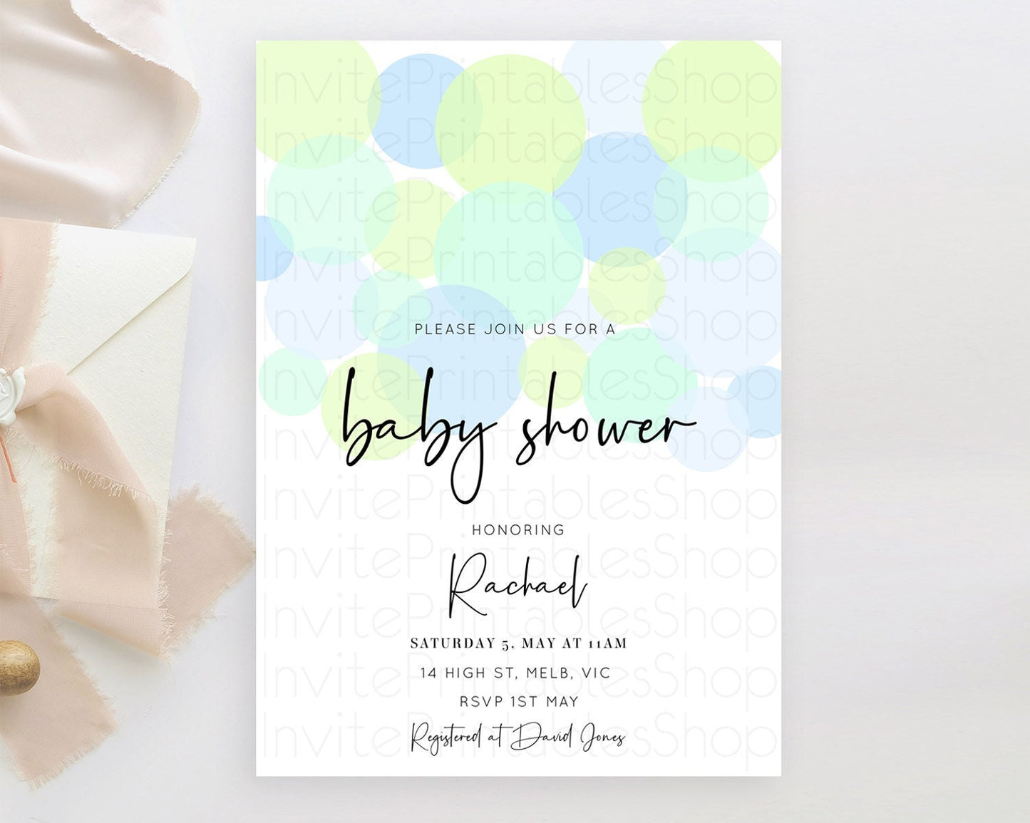 Confetti Baby Shower Invitation, Pastel Rainbow Theme Colorful Sprinkles, Bubbles - Light Blue, Lime Green, Blue Grey POP Invitation D10227