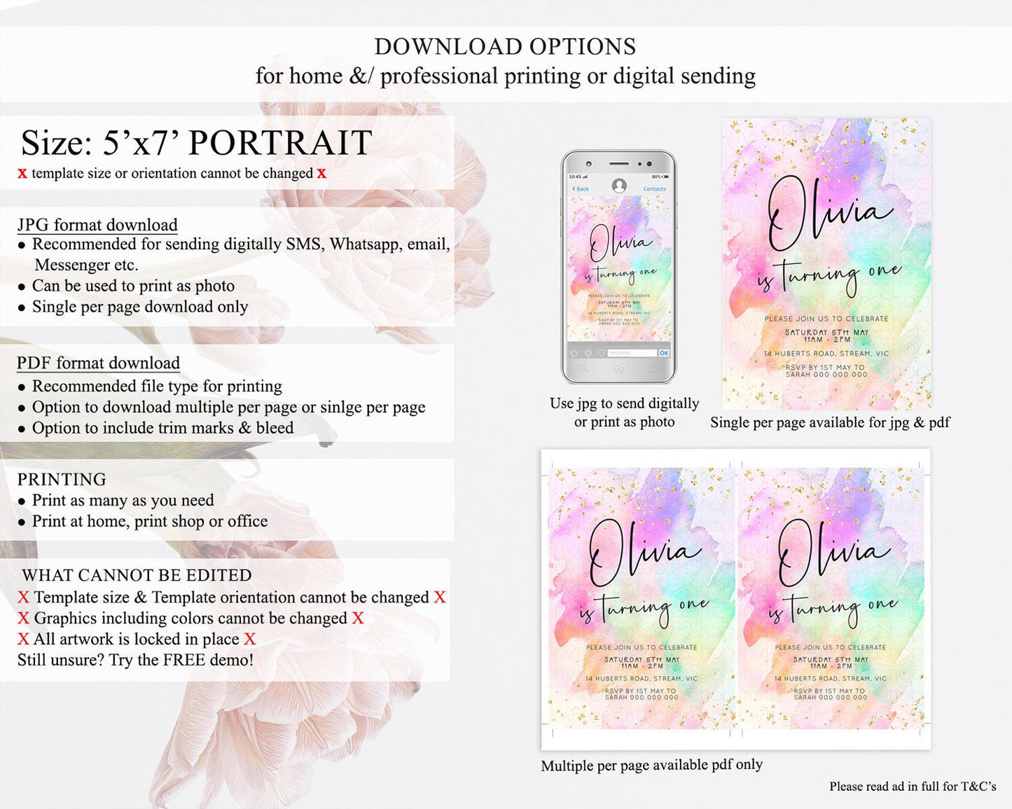 Pastel Birthday Invitation Ombre Watercolor Birthday Invitation Glitter Rainbow Color Splash 1st 2nd 3rd Birthday Invitation D23059