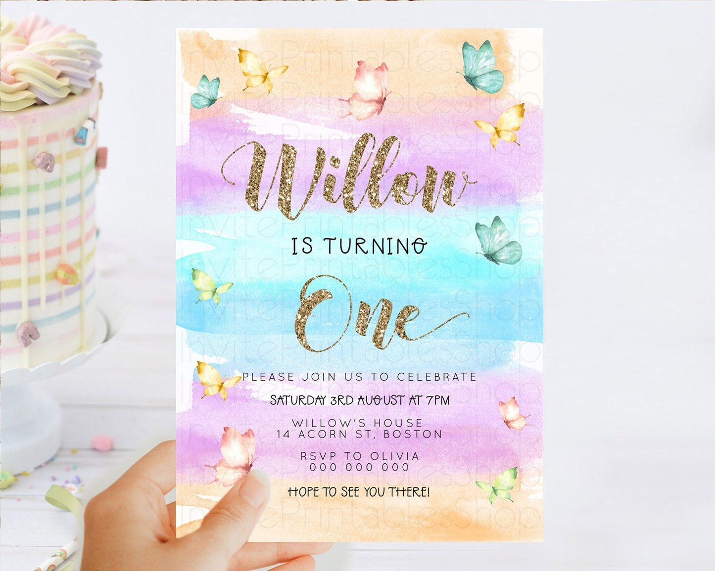 Pastel Butterfly Birthday Invitation Butterfly Birthday Invitation Colorful Splash Glitter Butterfly Garden 1st 2nd Birthday D23225