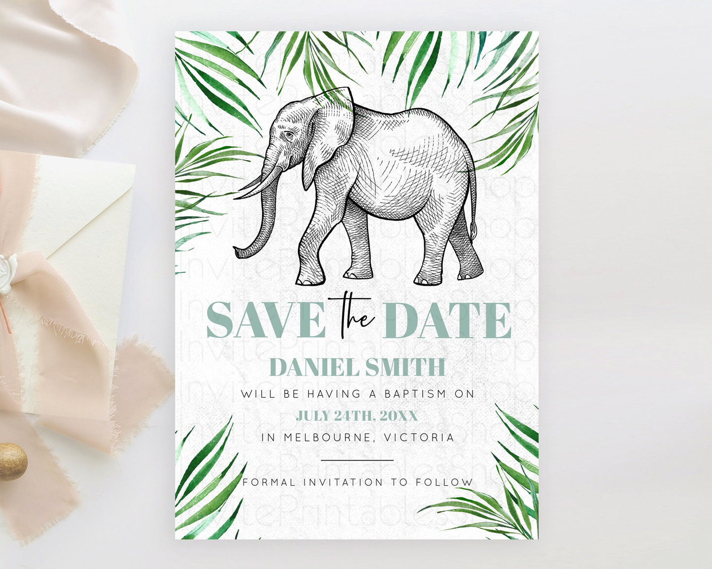 Elephant Save The Date Template Elephant Safari Adventure Party Dried Palm Fern Zoo 1st Birthday Baptism Baby Shower Bridal Shower D10850