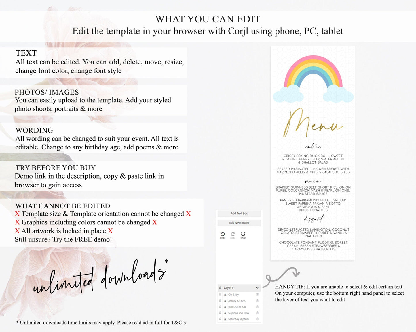 Pastel Rainbow Menu Boho Rainbow Menu Template Rainbow Boho Table Decor Pastel Rainbow Dinner Dessert Menu Rainbow Party Food Menu D10123