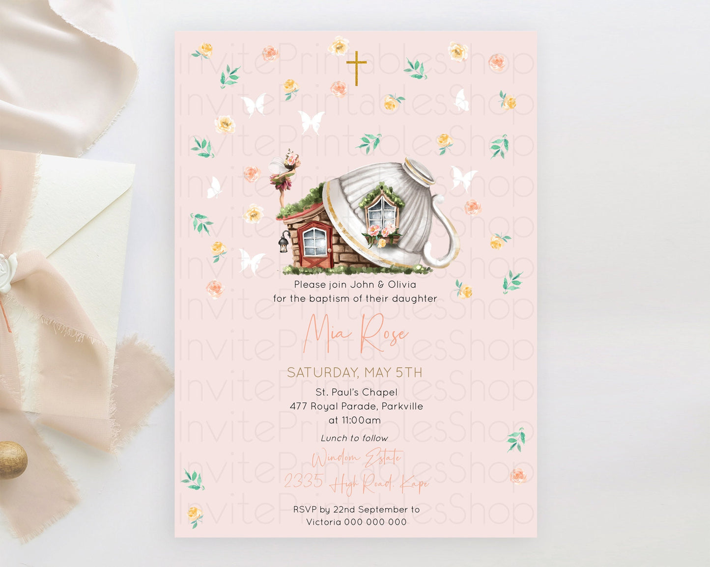 Fairy Baptism Invitation Fairy Baptism 1st Birthday Invitation Enchanted Secret Garden Christening Invite Pastel Floral Butterfly D10384