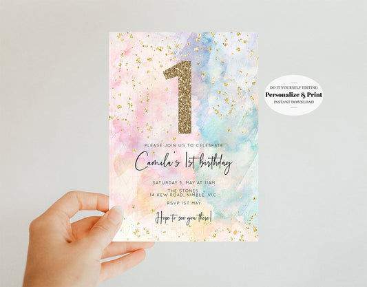Rainbow Birthday Invitation Colorful Watercolor Gold Glitter Sprinkles Ombre Pastel Invitation 1st 2nd 3rd Printable Editable Invite 276