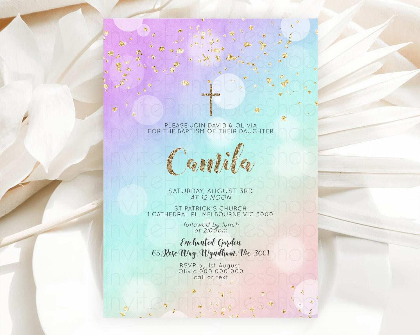 Pastel Baptism Invitation Pastel Colors Watercolor Baptism 1st Birthday Party Gold Ombre Pastel Rainbow Christening Holy Communion D10621