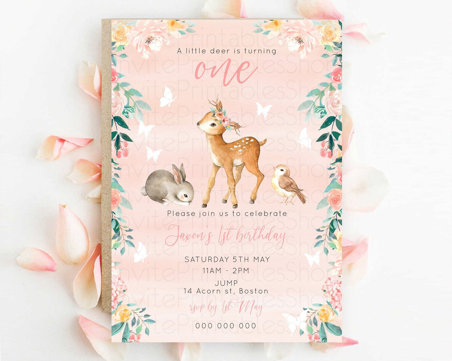 Fawn Birthday Invitation Deer Birthday Invitation Enchanted Forest Party Butterfly Pastel Flowers Whimsical 2nd 1st First Birthday D10921