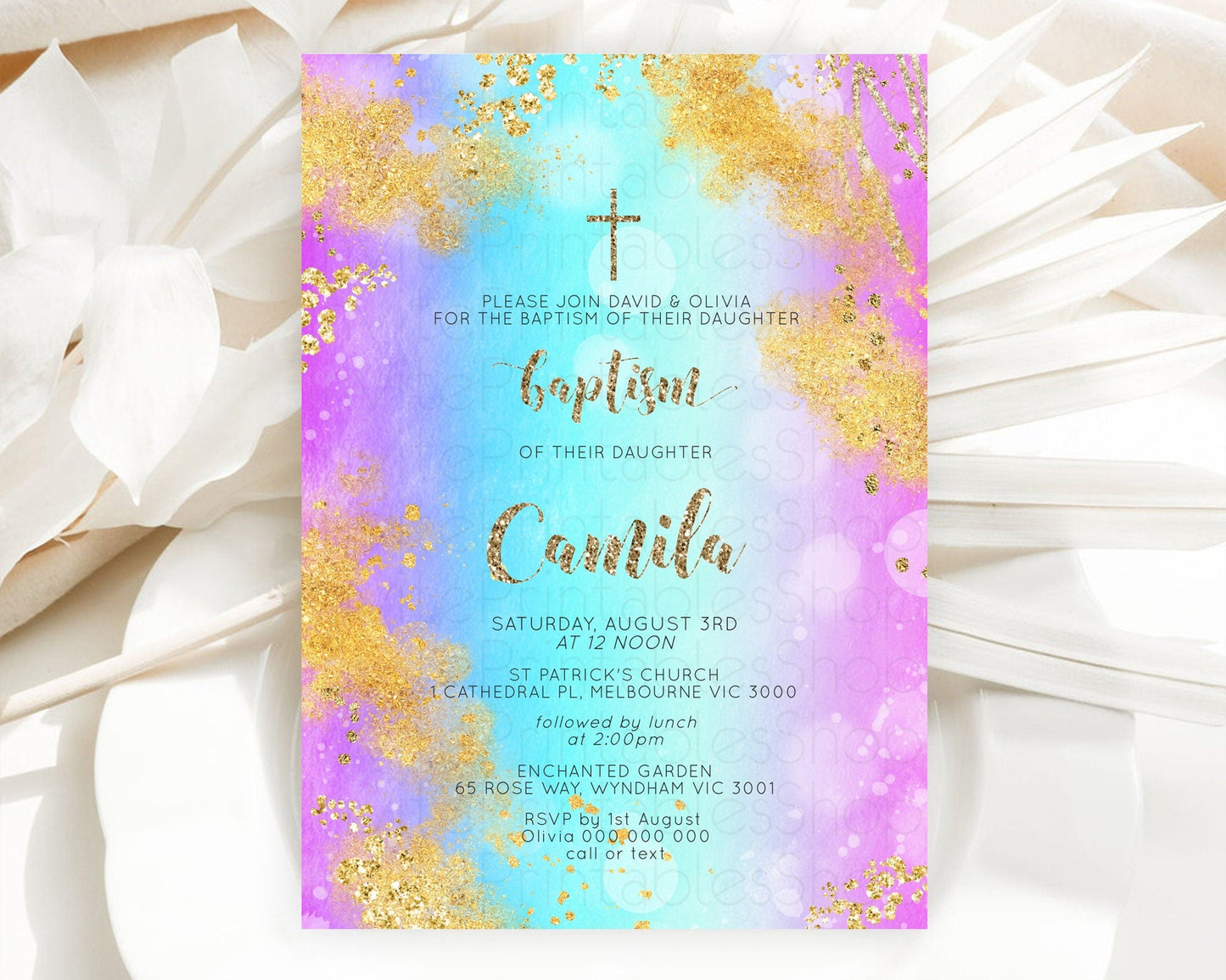 Pastel Baptism Invitation Pastel Colors Watercolor Baptism 1st Birthday Party Gold Ombre Pastel Rainbow Christening Holy Communion D10564