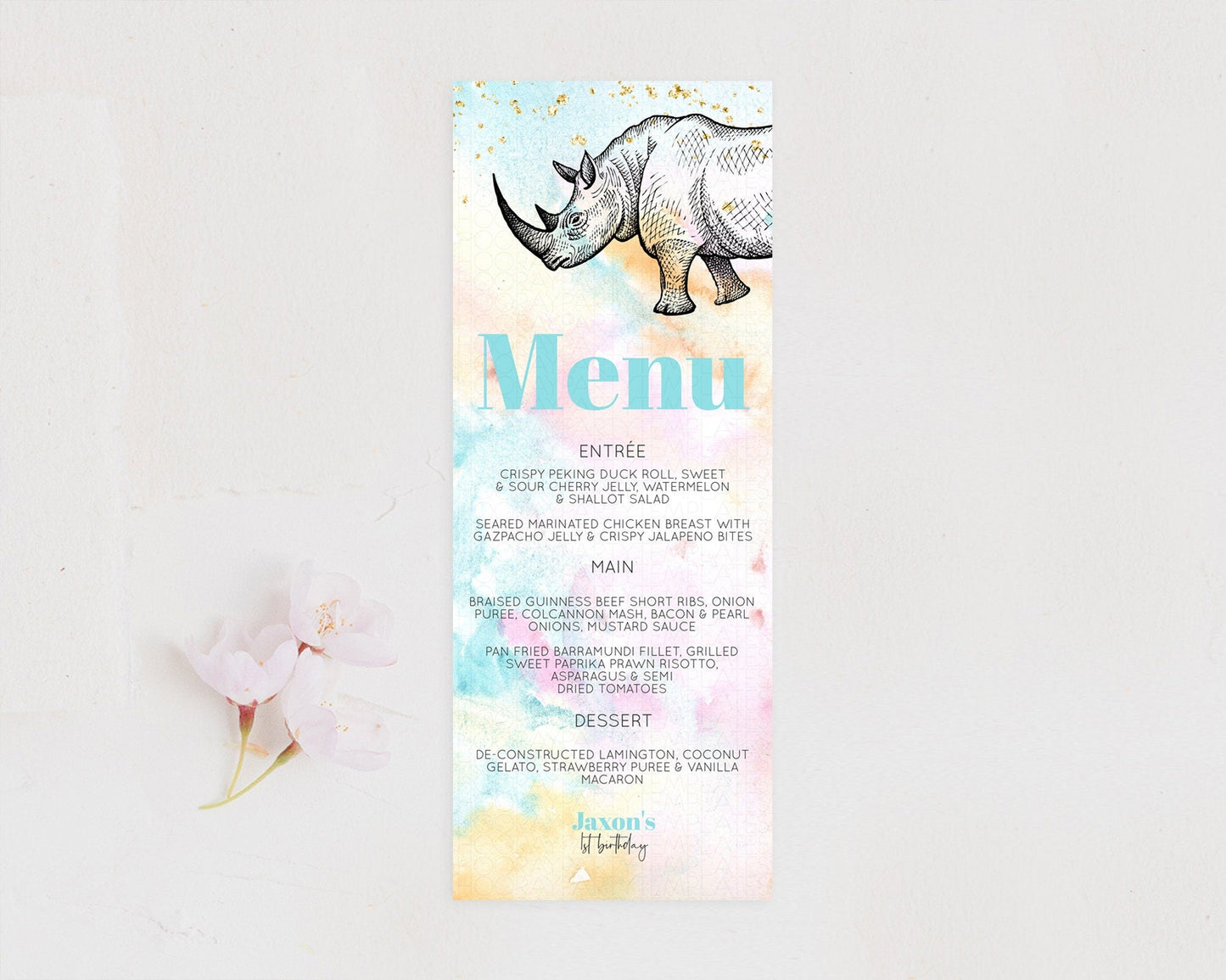 Pastel Rhino Menu Rainbow Rhino Menu Template Colorful Rainbow Safari Table Decor Pastel Dinner Dessert Menu Rhino Food Menu D10287