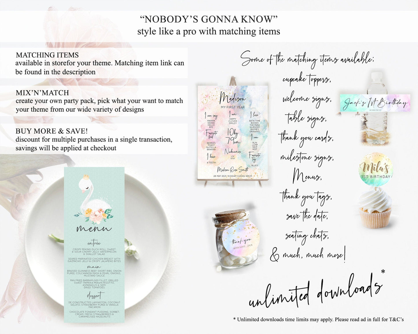Swan Menu Swan Princess Ballet Menu Template Enchanted Swan Lake Table Decor Secret Garden Pastel Floral Dinner Dessert Food Menu D10905