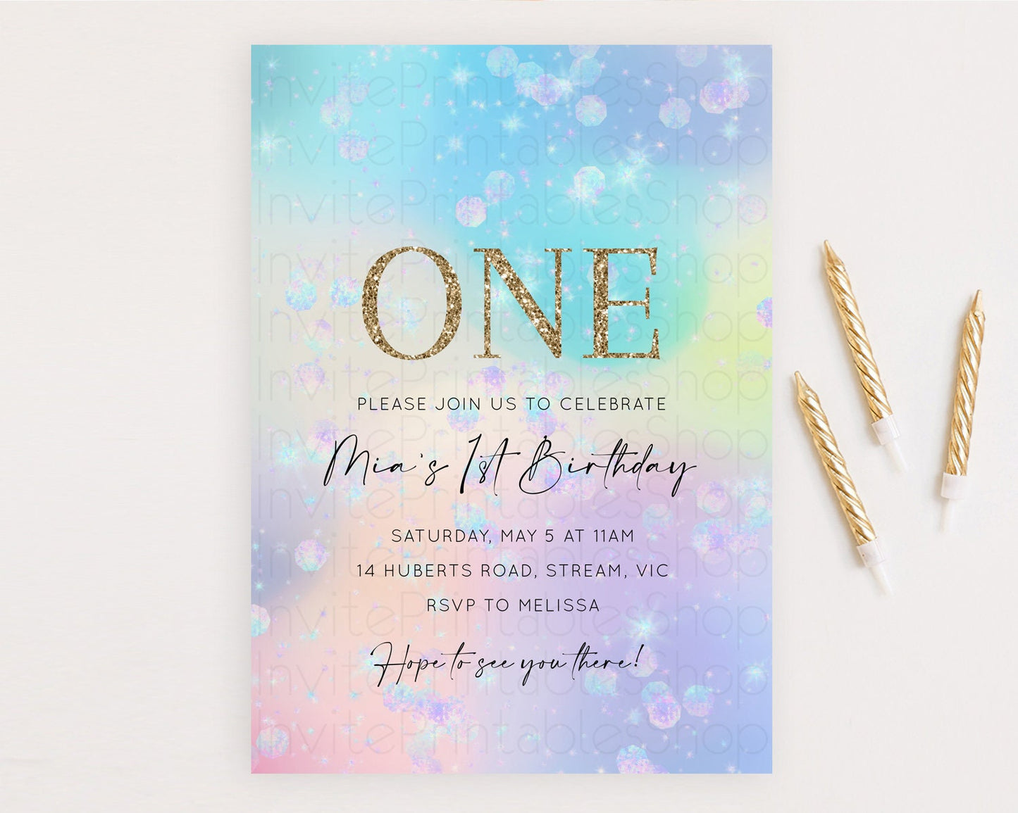 Rainbow Birthday Invitation Colorful Pastel Watercolor Invitation Gold Glitter Sprinkles Ombre Pastel 1st 2nd 3rd Birthday D10665