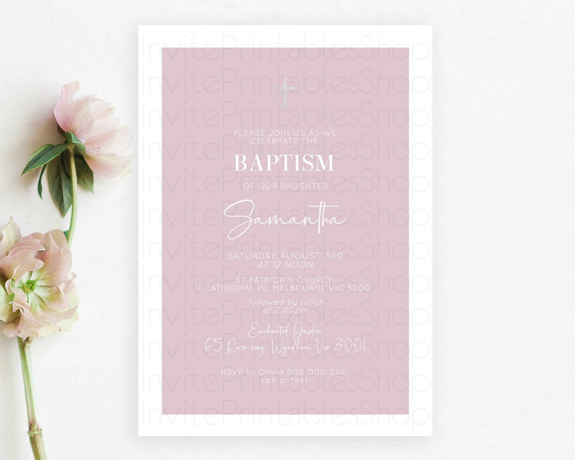 Editable Pink Baptism Invitation Plain Pink Baptism 1st Birthday Invitation