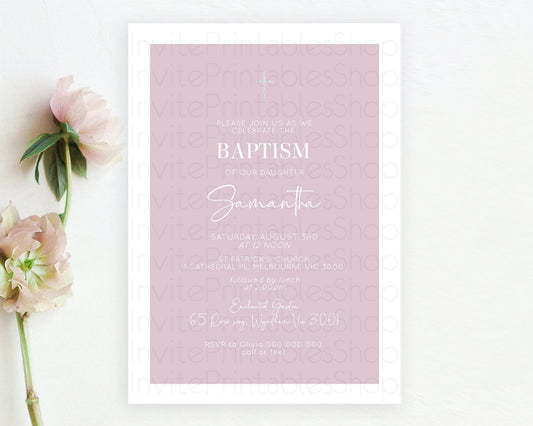 Editable Pink Baptism Invitation Plain Pink Baptism 1st Birthday Invitation