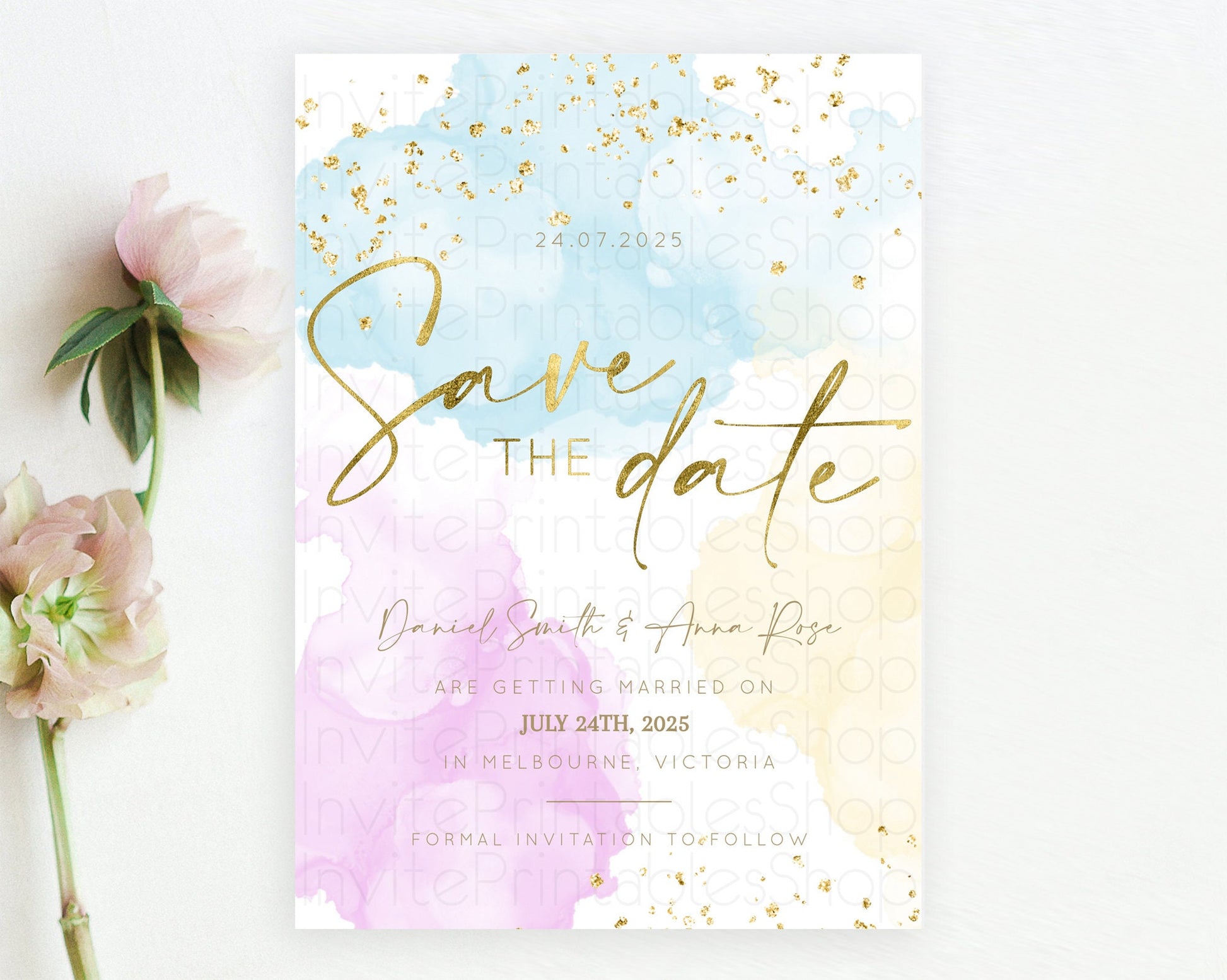 Editable Pastel Save The Date Template Pastel Ombre Rainbow Watercolor Color